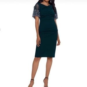 Betsy & Adam Mesh-Sleeve Sheath Dress in Pine Green